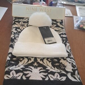 Nine West Ivory Pom-Pom Beanie and Black Floral Scarf Set